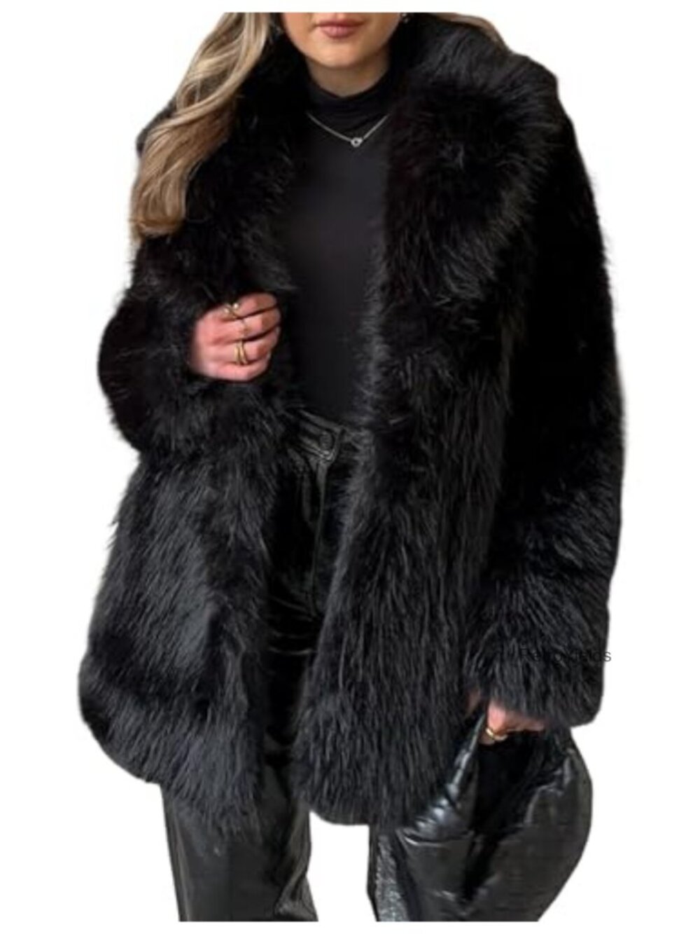 Womens Faux Fur Coat Long Fluffy Jacket Shawl Collar Snap Button Warm